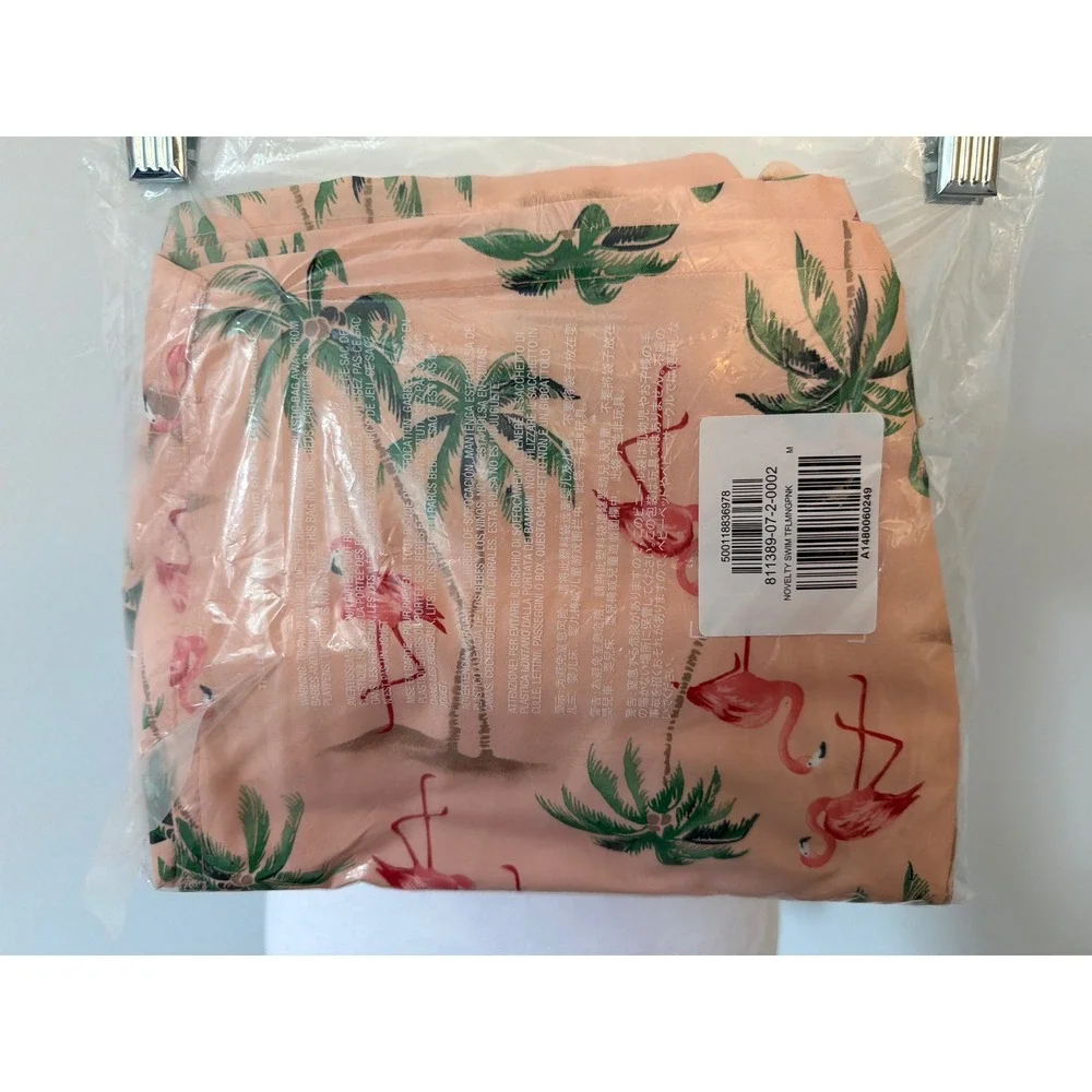 Old Navy Mens Flamingo Palm Tree Swim Trunks Peach Pink Mesh Lined Medium NEW